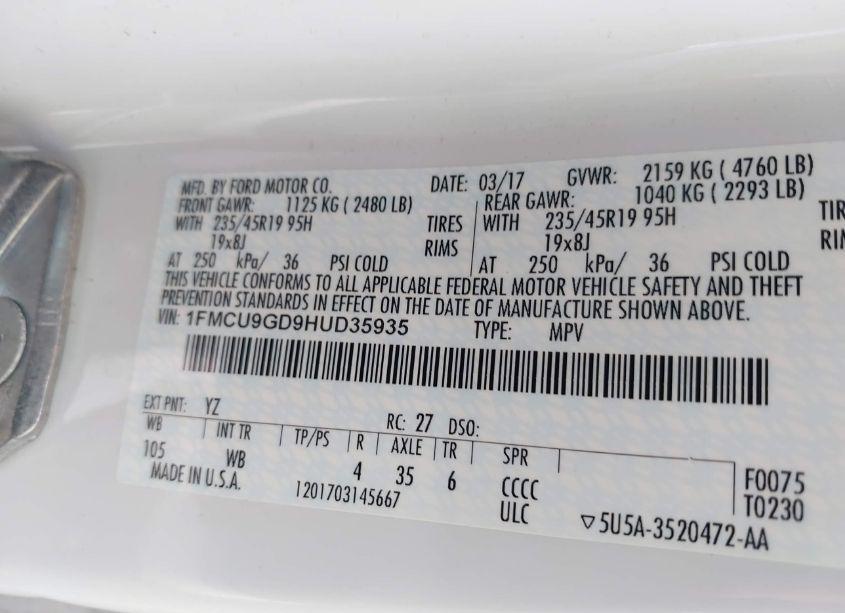 Photo 9 of 2017 Ford Escape SE (VIN 1FMCU9GD9HUD35935)