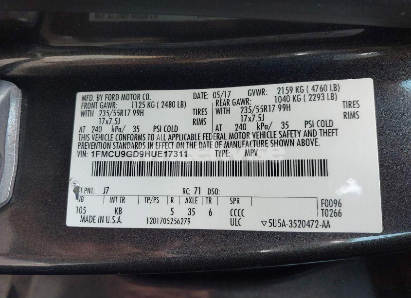 Photo 9 of 2017 Ford Escape SE (VIN 1FMCU9GD9HUE17311)