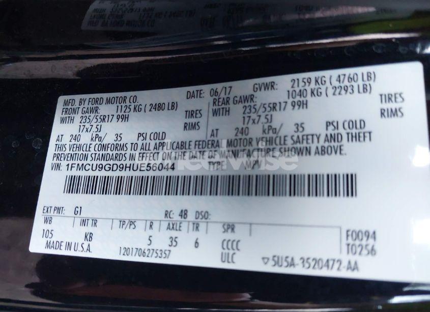 Photo 9 of 2017 Ford Escape SE (VIN 1FMCU9GD9HUE56044)