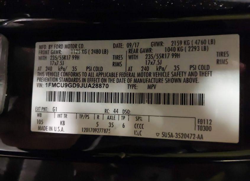 Photo 9 of 2018 Ford Escape SE (VIN 1FMCU9GD9JUA28870)