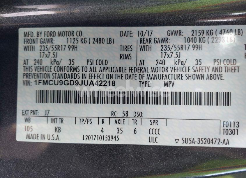 Photo 9 of 2018 Ford Escape SE (VIN 1FMCU9GD9JUA42218)