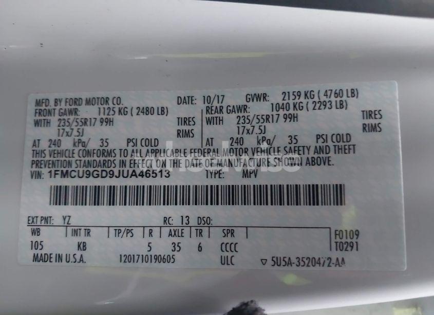 Photo 9 of 2018 Ford Escape SE (VIN 1FMCU9GD9JUA46513)