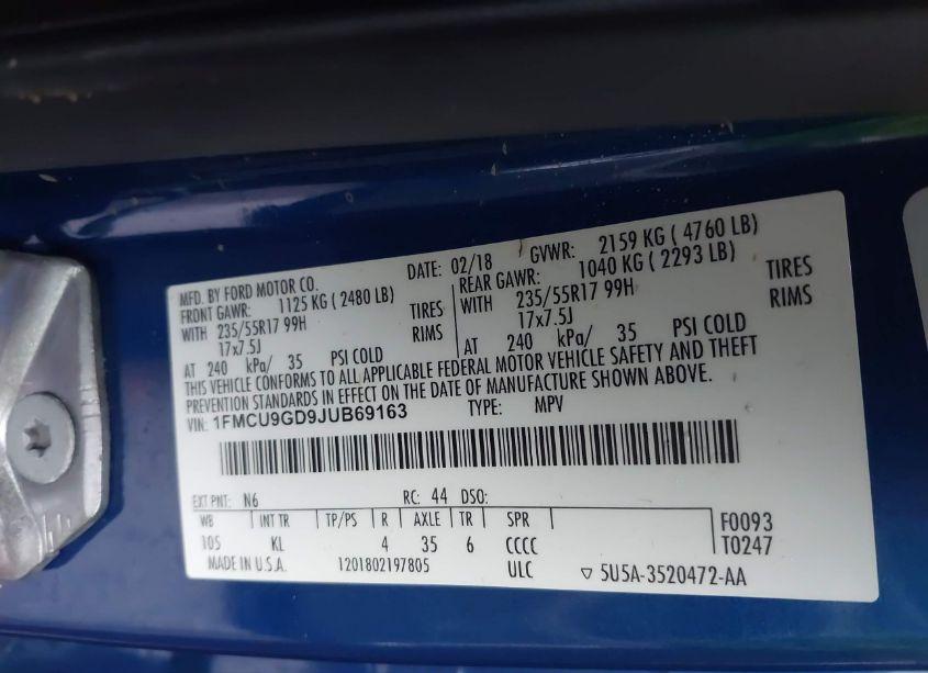 Photo 9 of 2018 Ford Escape SE (VIN 1FMCU9GD9JUB69163)