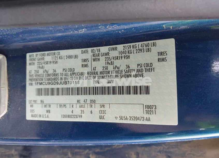 Photo 9 of 2018 Ford Escape SE (VIN 1FMCU9GD9JUB70118)