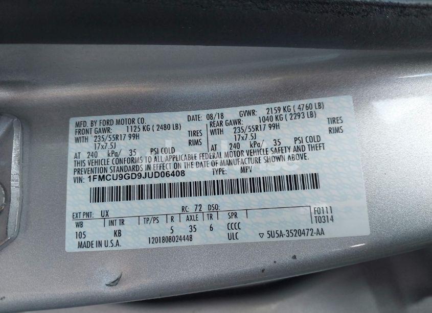 Photo 9 of 2018 Ford Escape SE (VIN 1FMCU9GD9JUD06408)