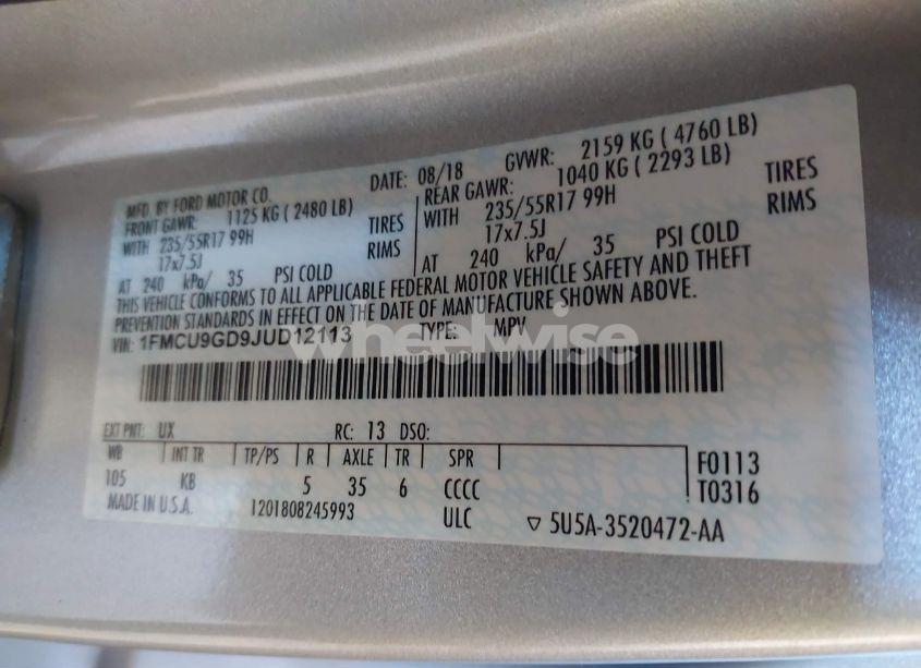 Photo 9 of 2018 Ford Escape SE (VIN 1FMCU9GD9JUD12113)