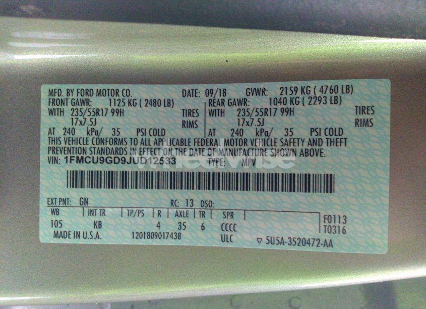 Photo 9 of 2018 Ford Escape SE (VIN 1FMCU9GD9JUD12533)