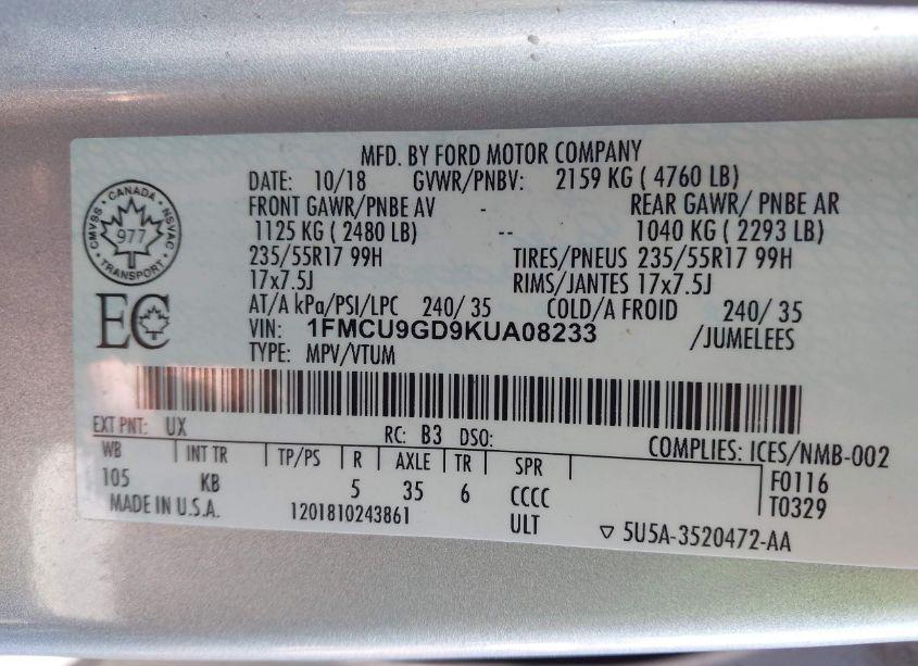 Photo 9 of 2019 Ford Escape SE (VIN 1FMCU9GD9KUA08233)