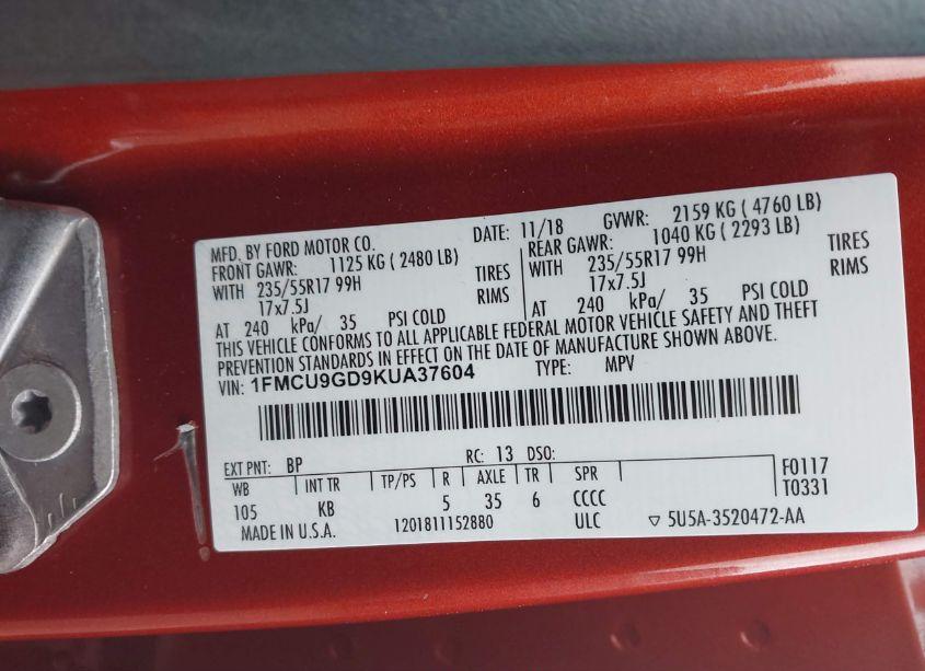 Photo 9 of 2019 Ford Escape SE (VIN 1FMCU9GD9KUA37604)