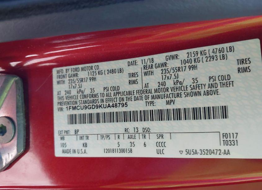 Photo 8 of 2019 Ford Escape SE (VIN 1FMCU9GD9KUA48795)