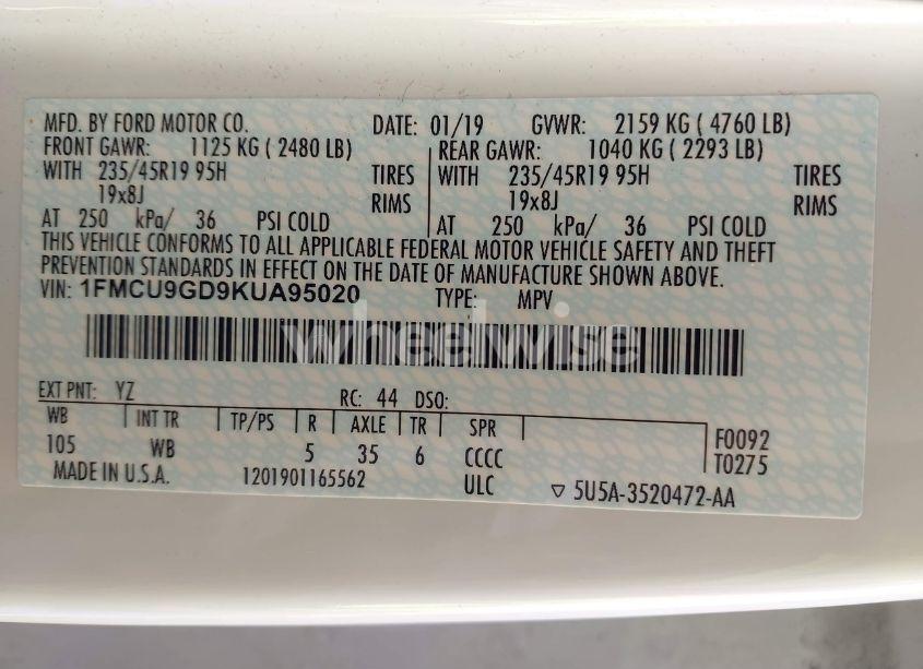 Photo 9 of 2019 Ford Escape SE (VIN 1FMCU9GD9KUA95020)