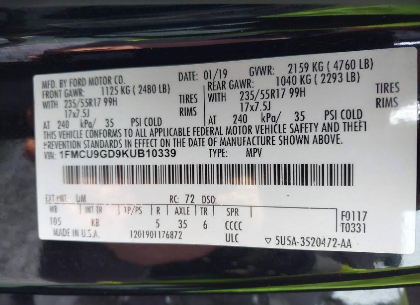 Photo 9 of 2019 Ford Escape SE (VIN 1FMCU9GD9KUB10339)