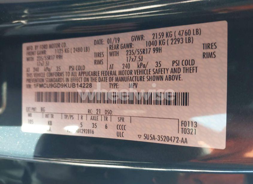 Photo 9 of 2019 Ford Escape SE (VIN 1FMCU9GD9KUB14228)