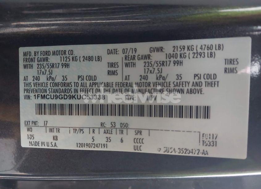 Photo 9 of 2019 Ford Escape SE (VIN 1FMCU9GD9KUC53338)