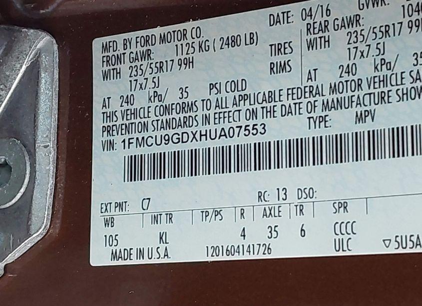 Photo 9 of 2017 Ford Escape SE (VIN 1FMCU9GDXHUA07553)