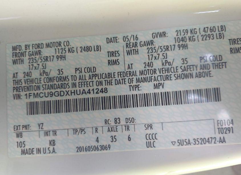 Photo 9 of 2017 Ford Escape SE (VIN 1FMCU9GDXHUA41248)