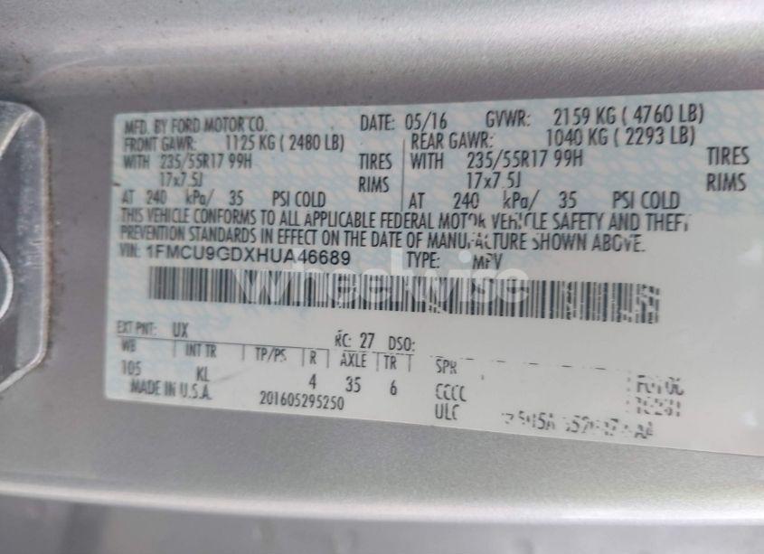 Photo 9 of 2017 Ford Escape SE (VIN 1FMCU9GDXHUA46689)