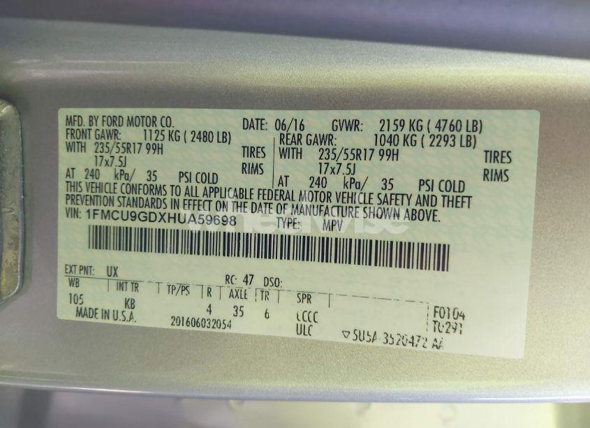 Photo 9 of 2017 Ford Escape SE (VIN 1FMCU9GDXHUA59698)