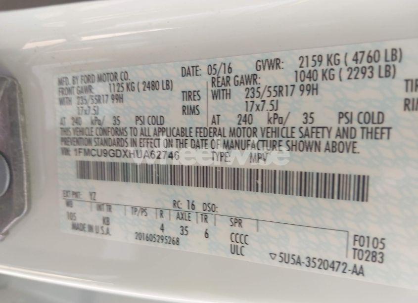 Photo 9 of 2017 Ford Escape SE (VIN 1FMCU9GDXHUA62746)