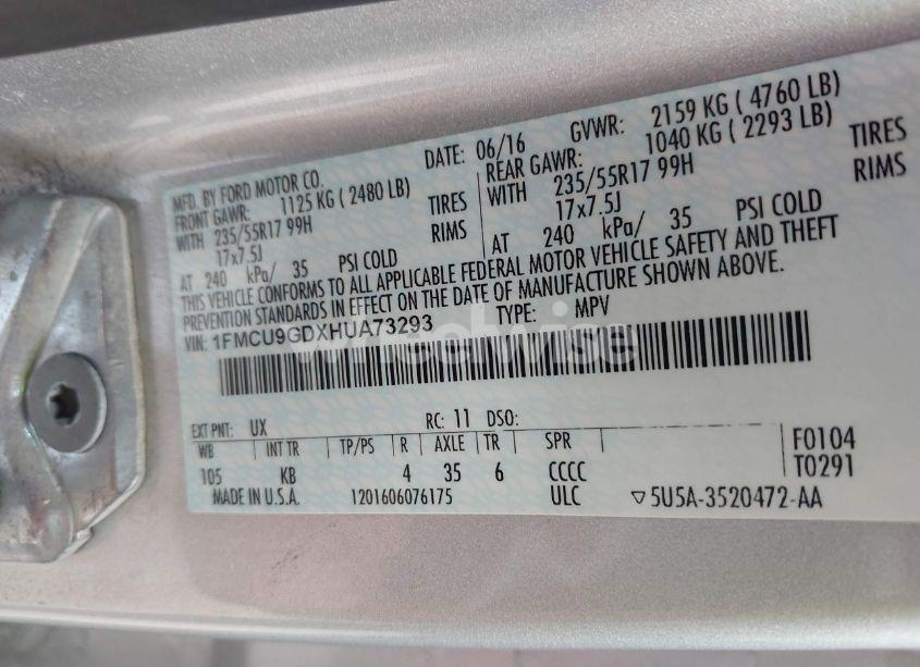 Photo 9 of 2017 Ford Escape SE (VIN 1FMCU9GDXHUA73293)