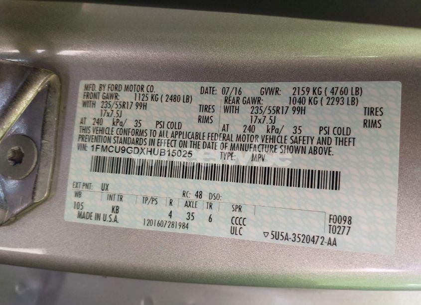 Photo 9 of 2017 Ford Escape SE (VIN 1FMCU9GDXHUB15025)