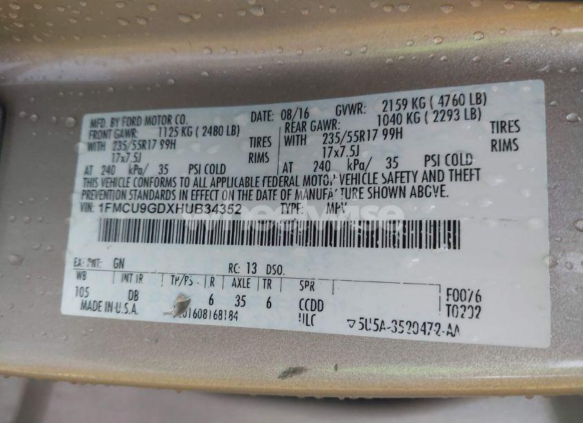 Photo 9 of 2017 Ford Escape SE (VIN 1FMCU9GDXHUB34352)