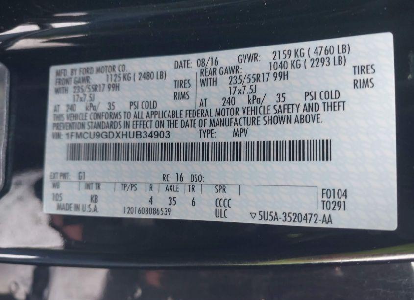 Photo 9 of 2017 Ford Escape SE (VIN 1FMCU9GDXHUB34903)