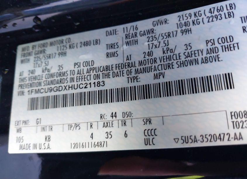 Photo 9 of 2017 Ford Escape SE (VIN 1FMCU9GDXHUC21183)