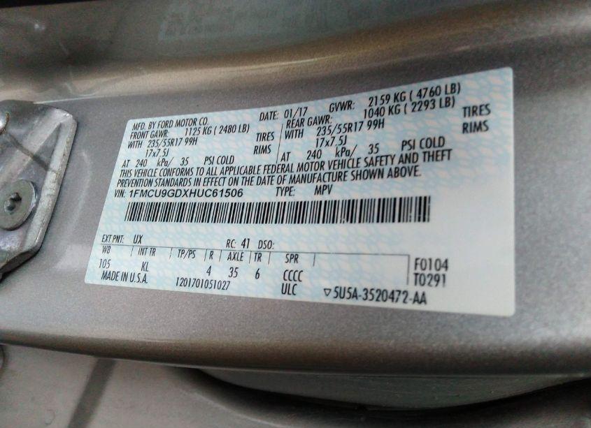 Photo 9 of 2017 Ford Escape SE (VIN 1FMCU9GDXHUC61506)