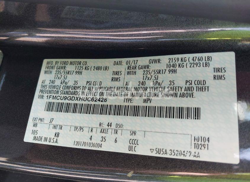 Photo 9 of 2017 Ford Escape SE (VIN 1FMCU9GDXHUC62428)