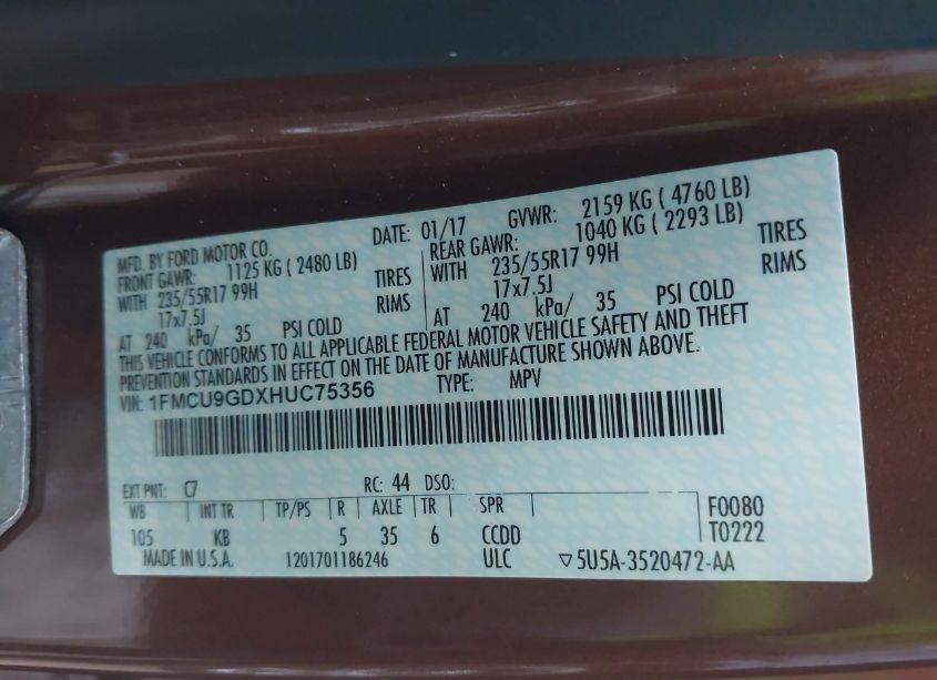 Photo 9 of 2017 Ford Escape SE (VIN 1FMCU9GDXHUC75356)