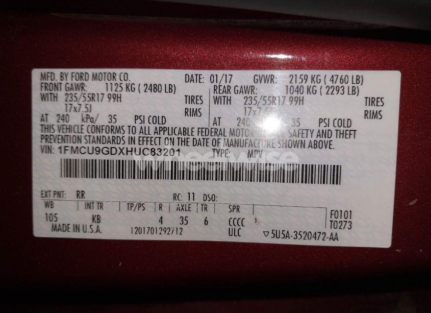 Photo 9 of 2017 Ford Escape SE (VIN 1FMCU9GDXHUC83201)