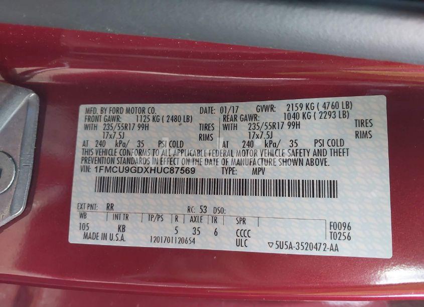 Photo 9 of 2017 Ford Escape SE (VIN 1FMCU9GDXHUC87569)