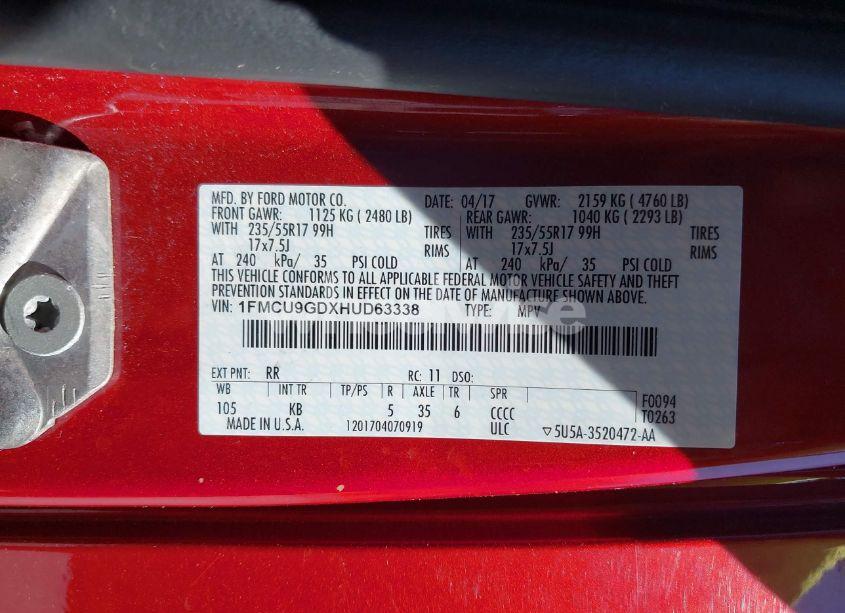 Photo 9 of 2017 Ford Escape SE (VIN 1FMCU9GDXHUD63338)