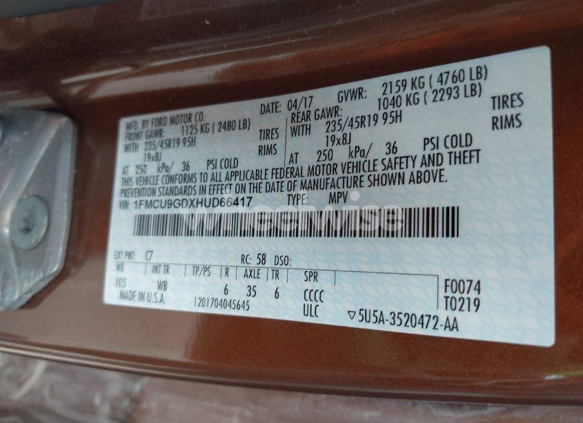 Photo 9 of 2017 Ford Escape SE (VIN 1FMCU9GDXHUD66417)