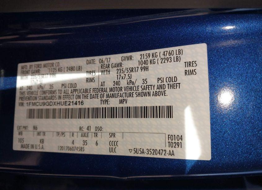 Photo 9 of 2017 Ford Escape SE (VIN 1FMCU9GDXHUE21416)