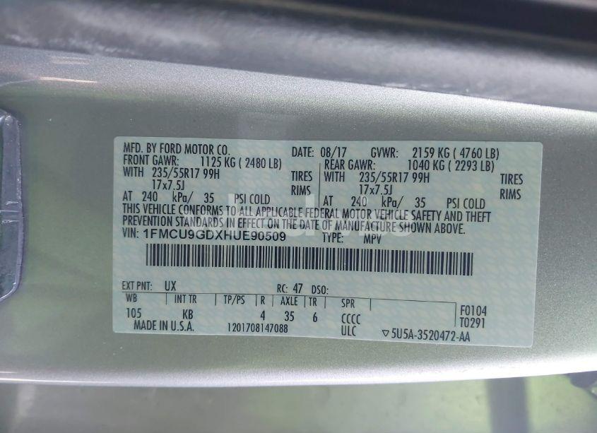 Photo 9 of 2017 Ford Escape SE (VIN 1FMCU9GDXHUE90509)