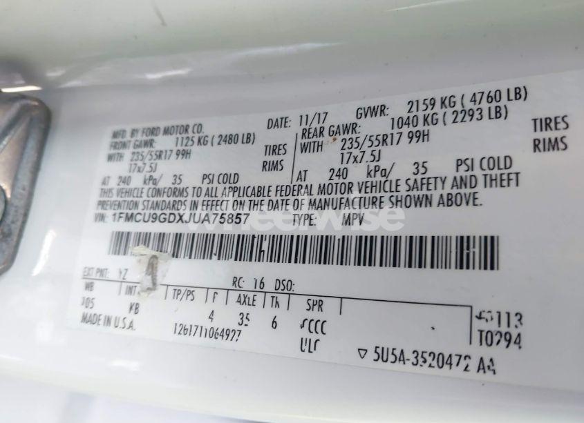 Photo 9 of 2018 Ford Escape SE (VIN 1FMCU9GDXJUA75857)