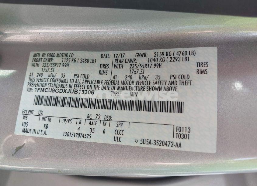 Photo 9 of 2018 Ford Escape SE (VIN 1FMCU9GDXJUB15306)