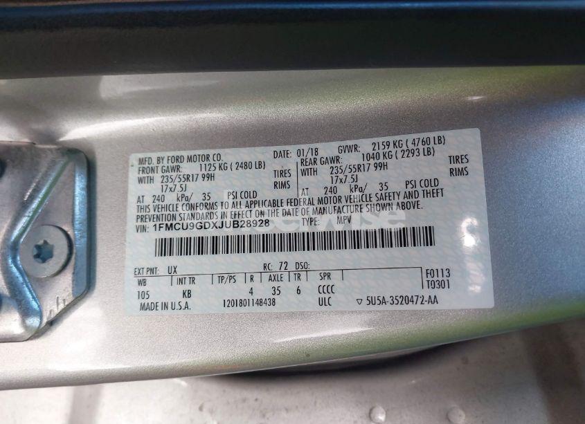 Photo 8 of 2018 Ford Escape SE (VIN 1FMCU9GDXJUB28928)