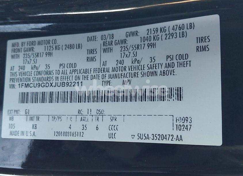 Photo 9 of 2018 Ford Escape SE (VIN 1FMCU9GDXJUB92211)