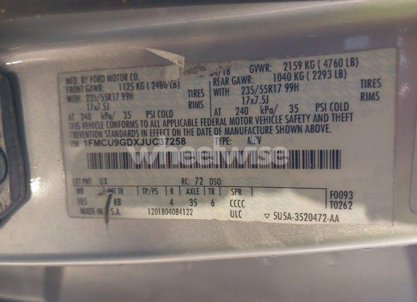 Photo 9 of 2018 Ford Escape SE (VIN 1FMCU9GDXJUC37258)