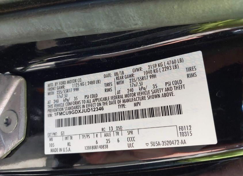 Photo 9 of 2018 Ford Escape SE (VIN 1FMCU9GDXJUD12346)