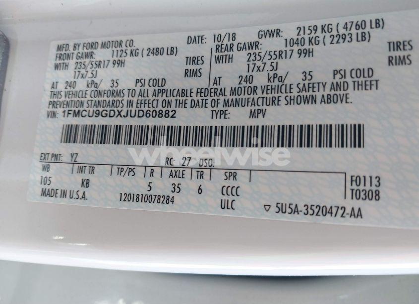 Photo 9 of 2018 Ford Escape SE (VIN 1FMCU9GDXJUD60882)