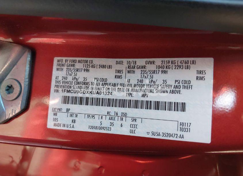 Photo 9 of 2019 Ford Escape SE (VIN 1FMCU9GDXKUA01324)