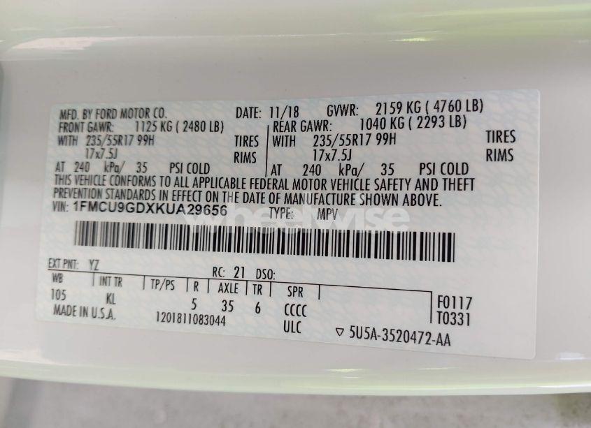 Photo 9 of 2019 Ford Escape SE (VIN 1FMCU9GDXKUA29656)