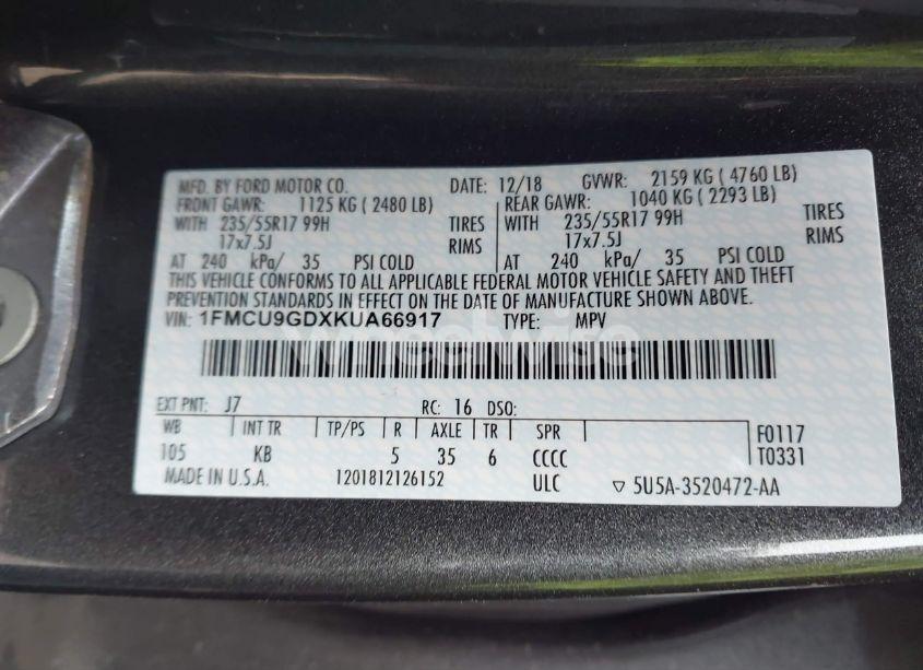 Photo 9 of 2019 Ford Escape SE (VIN 1FMCU9GDXKUA66917)