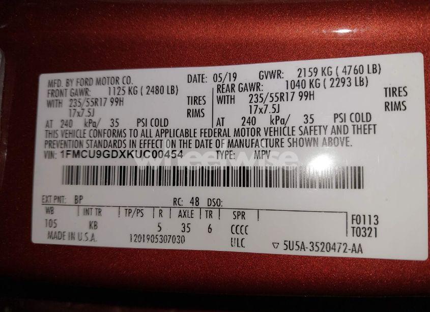 Photo 9 of 2019 Ford Escape SE (VIN 1FMCU9GDXKUC00454)