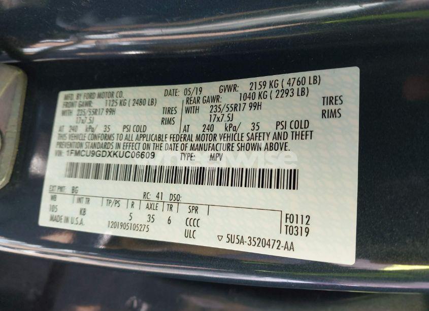 Photo 9 of 2019 Ford Escape SE (VIN 1FMCU9GDXKUC06609)