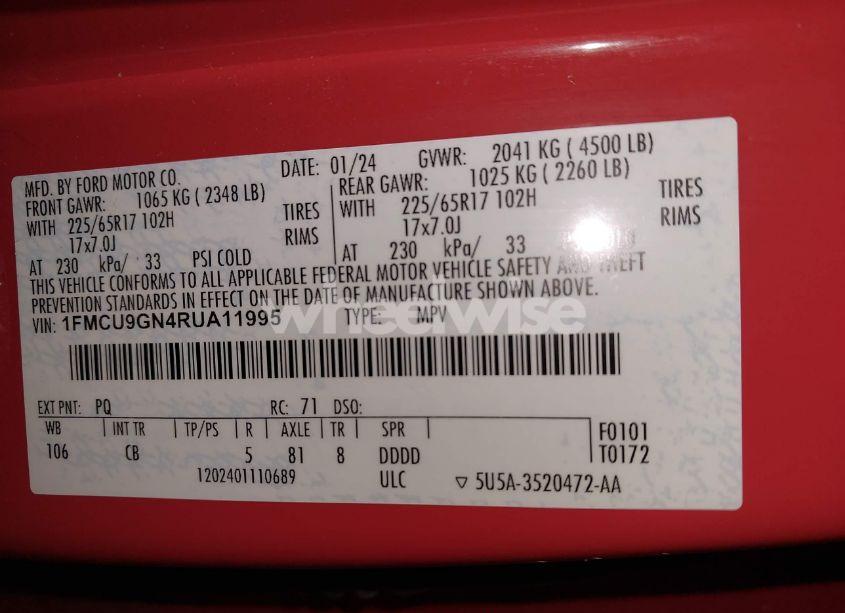 Photo 9 of 2024 Ford Escape ACTIVE (VIN 1FMCU9GN4RUA11995)